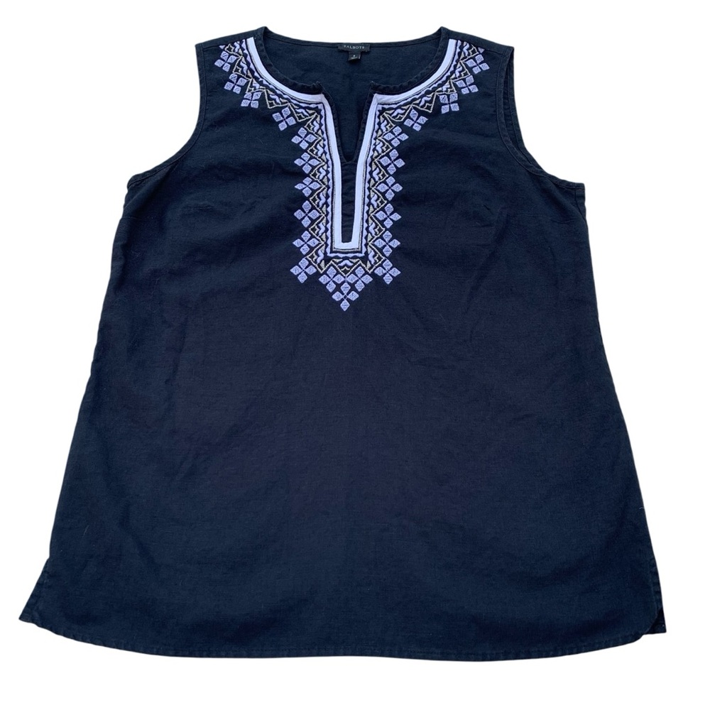 Talbots Embroidered Linen Blend Tunic Sleeveless Top Black & White 6